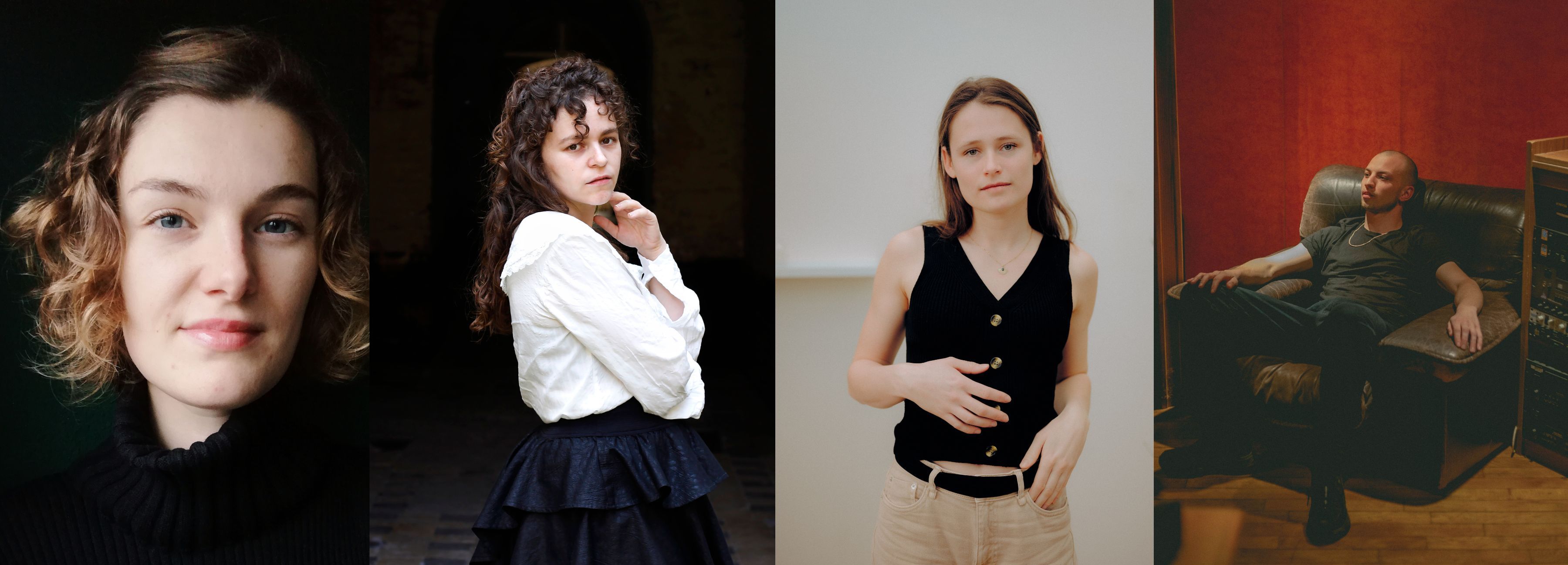 Portretfoto's van Eveline Mineur, Stefanie Huysmans-Noorts, Charlotte de Beus en Anton Van Laer